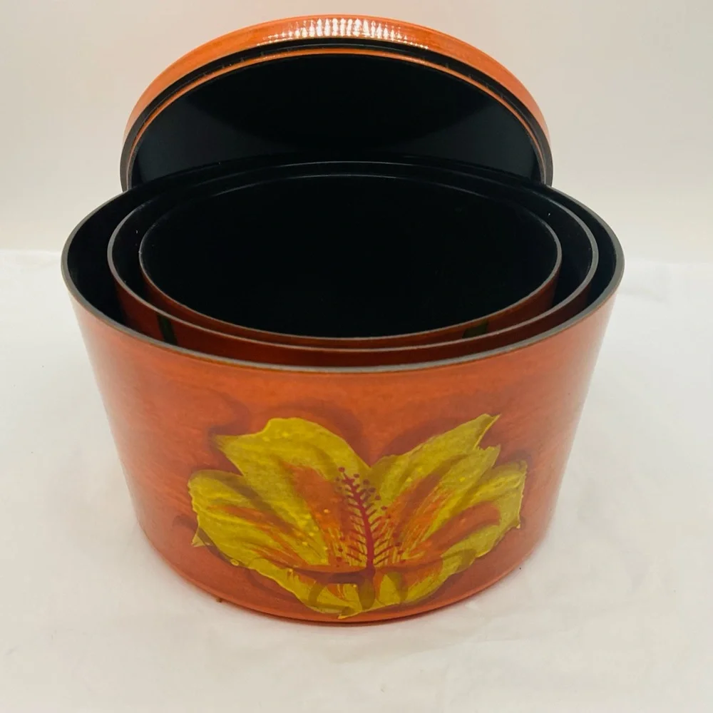 VTG Orange Lacquer Ware Stacking Nesting Set 3 Bowls & Lid Floral Design - Japan